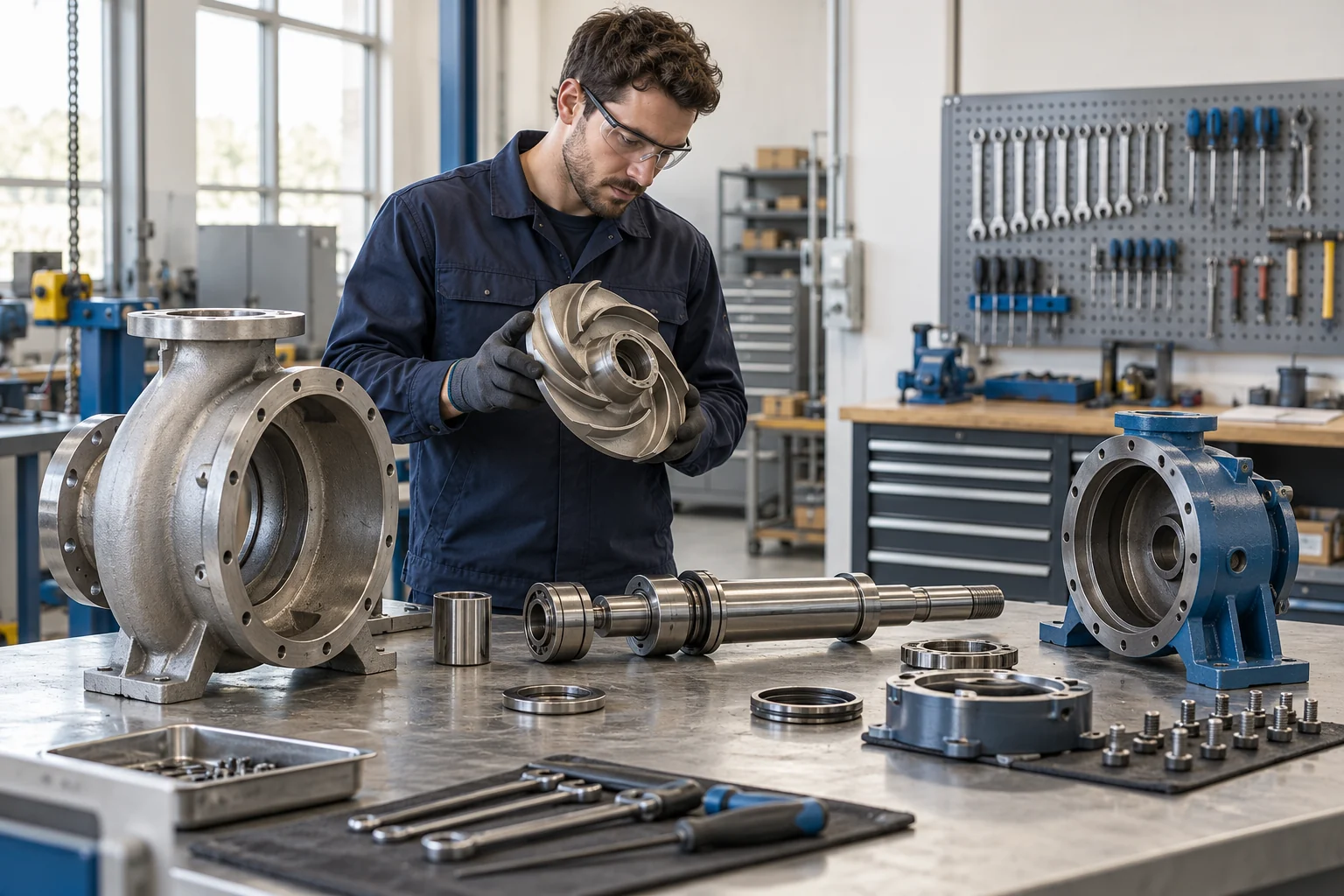 Imatge conceptual generada: Tècnic revisant una bomba industrial desmuntada amb tots els components principals visibles