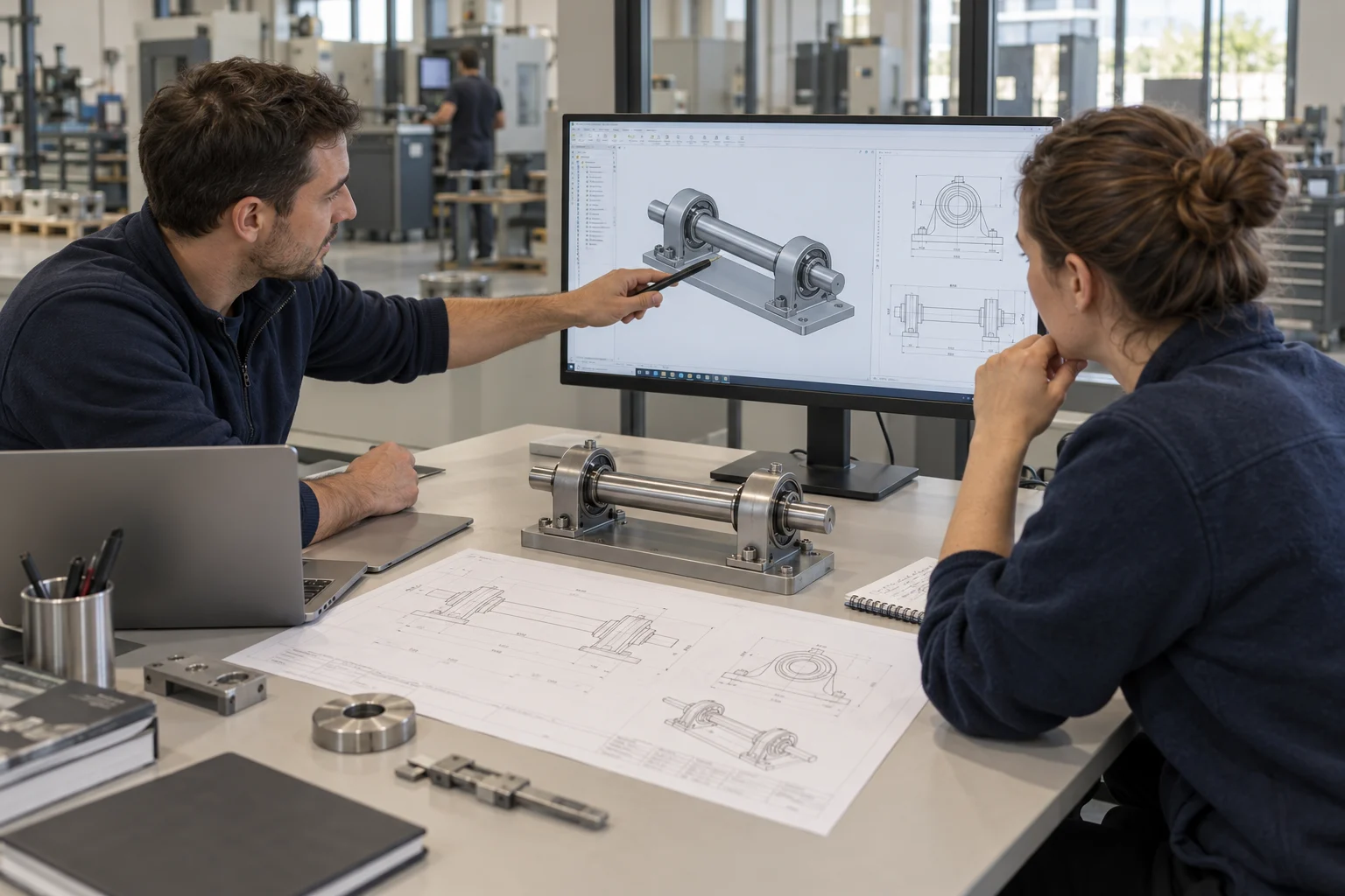 Imatge conceptual generada: Reunió tècnica amb un model CAD, un plànol i el conjunt mecànic sobre la taula