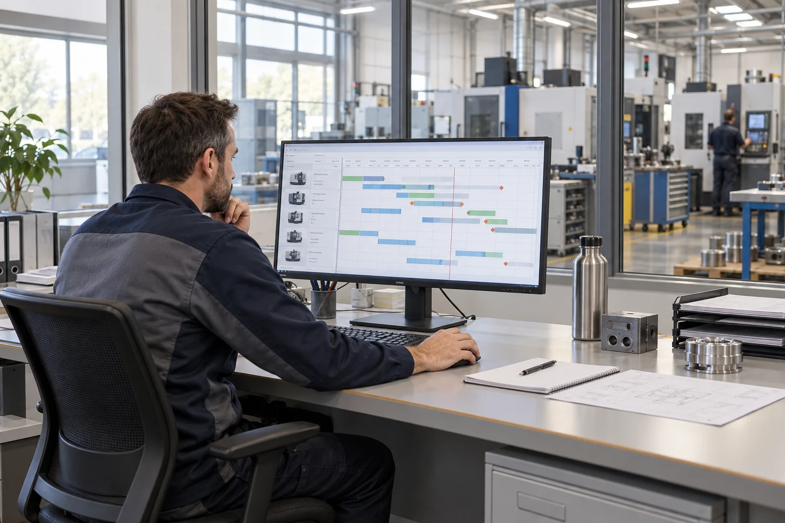 Imatge conceptual generada: Planificador revisant el calendari de producció en una oficina oberta al taller