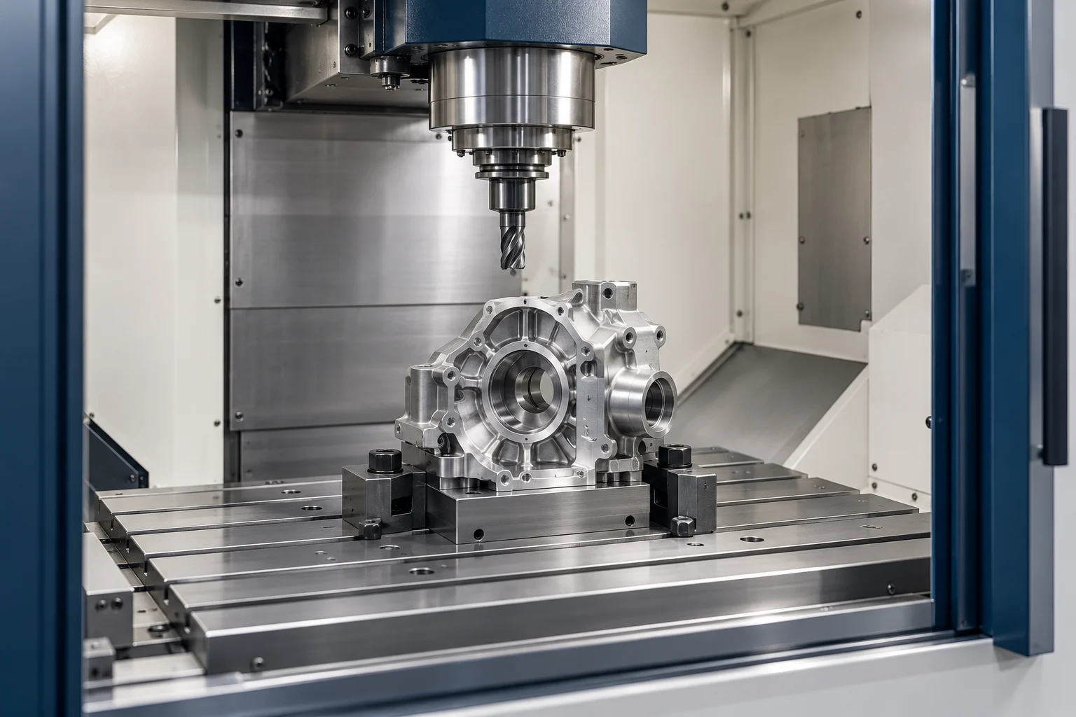 Imatge conceptual generada: Peça completa subjecta al llit d’una fresadora CNC, amb el fusell a sobre.
