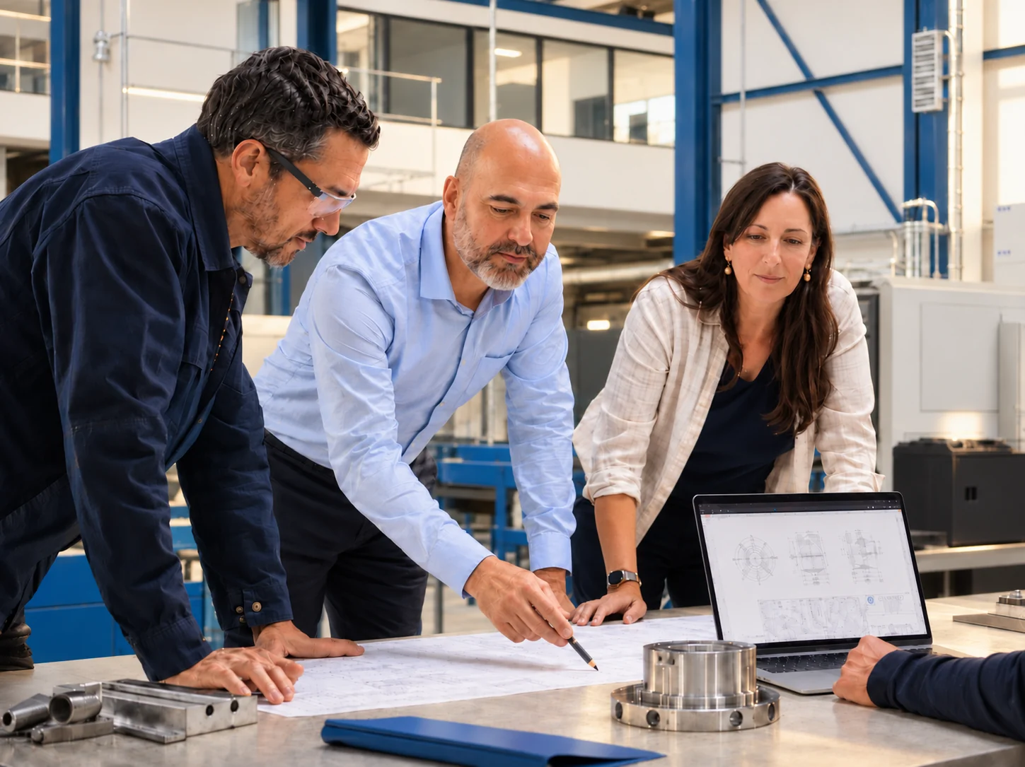 Tres professionals revisant junts uns plànols en un entorn industrial